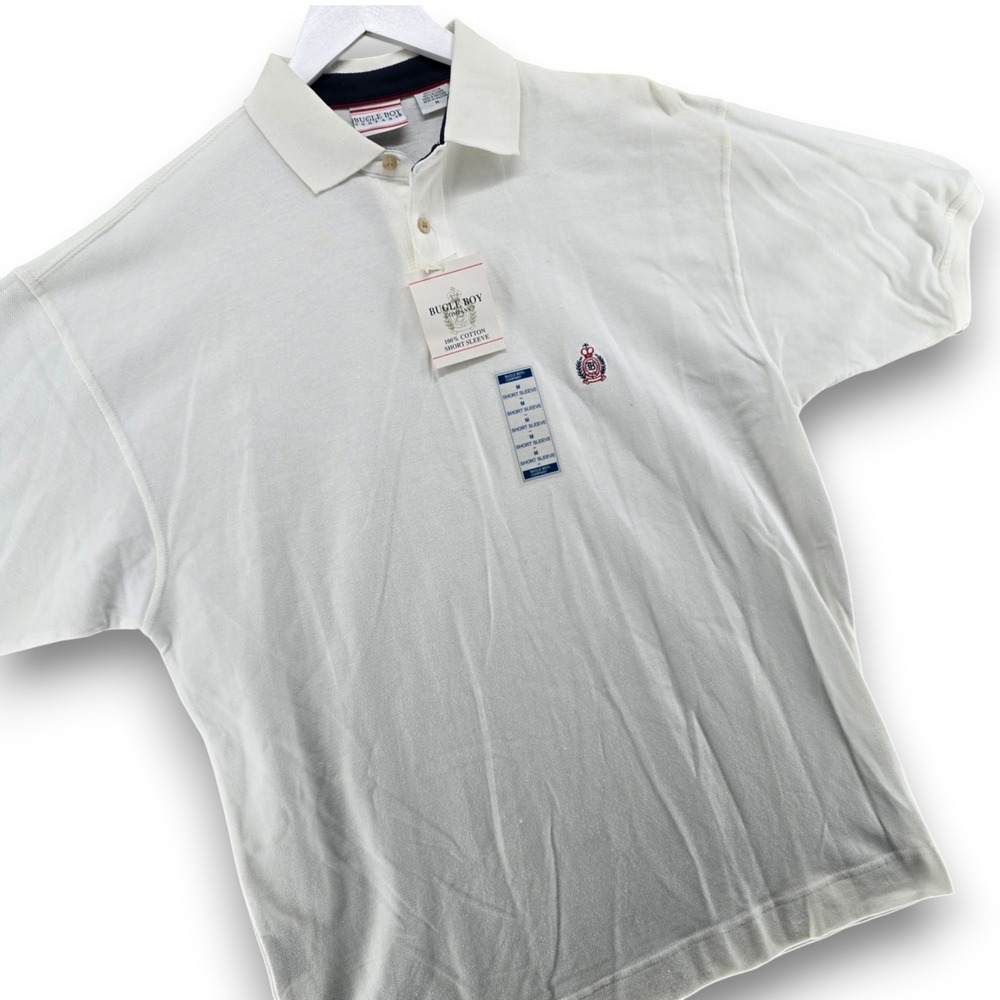 Bugle Boy Mens Polo Shirt Size M White Cotton Short Sleeve Crest Logo 99X21502